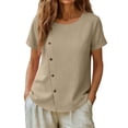 thumbnail image 6 of GUACER Blouses for Women Short Sleeve Cotton Linen Casual Round Neck Button Down Tops Relaxed Fit Shirts, 6 of 7