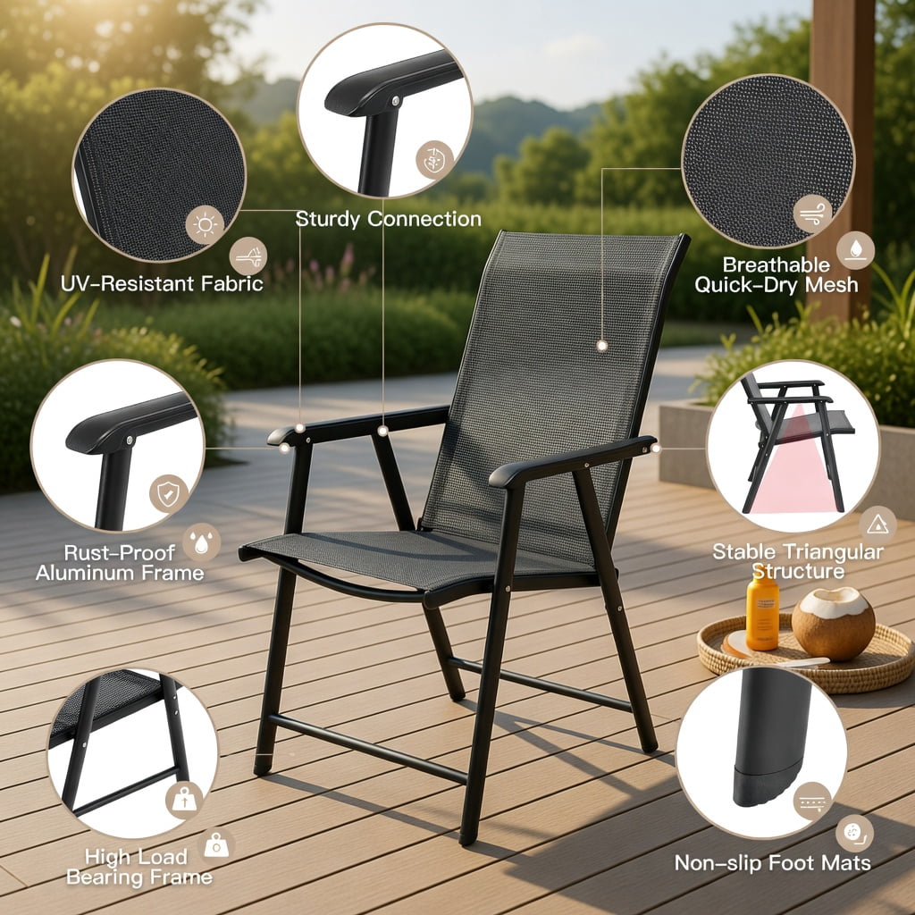 Hommoo 4-Pack Foldable Outdoor Patio Chairs, Steel Frame & Textilene Seat, Lightweight Camping Chairs for Backyard, Deck, Picnic, and Tailgating, Gray