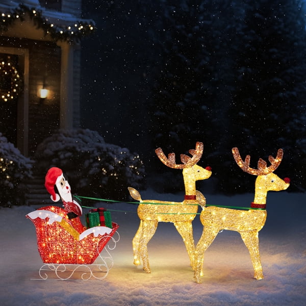 Lighted Christmas Reindeer & Sleigh Set, 270 Warm White LEDs, Collapsible Design for Indoor, Outdoor Home, Yard Decor