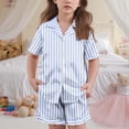 thumbnail image 3 of BLVB Girls Pajamas Satin Pajama Set Silk Pjs Short Sleeve Button down Shirts Summer Ruffle Sleepwear for Big Kids 5-15Y, 3 of 6