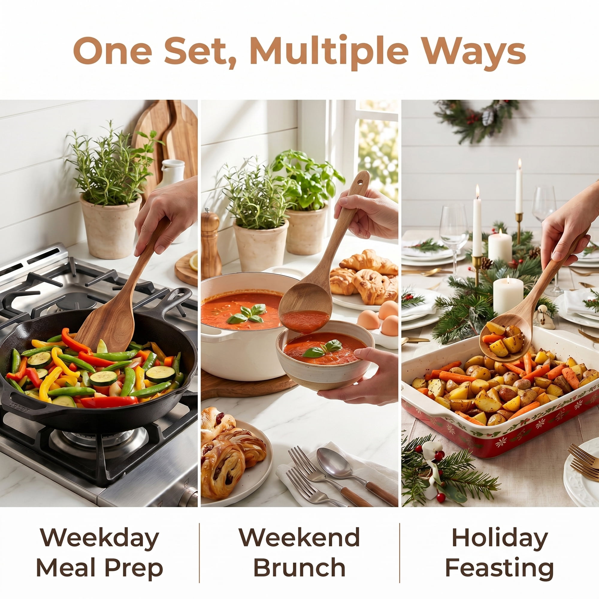 Unique Bargains Wood Kitchen Utensil Set, Essential Kitchen Gadgets Brown 6pcs
