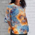 thumbnail image 4 of Plus Size Linen T Shirts Womens Floral/Dots Printed Crewneck Loose Graphic Tees 3/4 Sleeve Summer Fall Tops S-5XL (S, Navy), 4 of 5