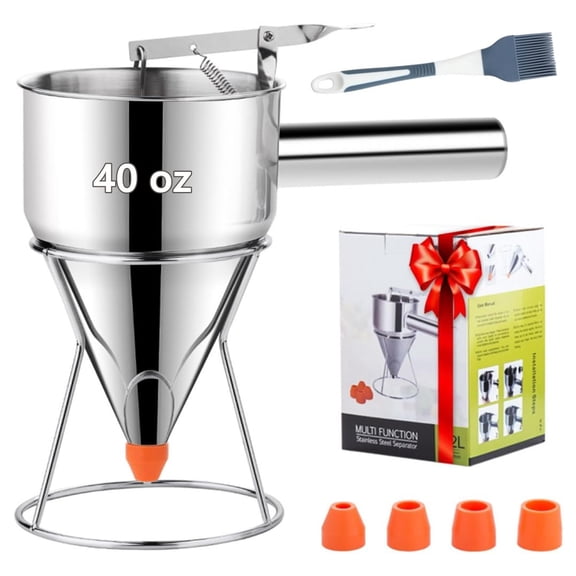 40 OZ Stainless Steel Pancake Batter Dispenser - Funnel Cake Dispenser with Stand, Leak-Proof Nozzle & Squeeze Handle, Precise Control, for Pancakes, Waffles, Cupcakes & Baked Goods