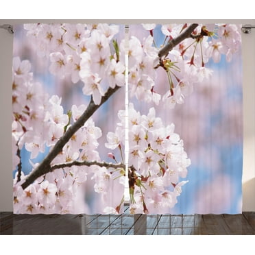 Ambesonne Spring Curtains 2 Panel Set, Floral Cherry Branches, 108" x 96", Pale Pink