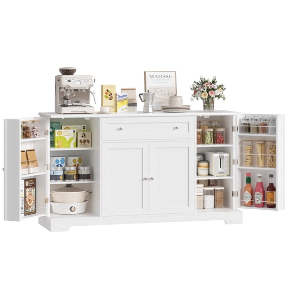 Homfa 54.3"W Kitchen Storage Cabinet with Adjustable Spice Racks, 4 Door Buffet Sideboard with Large Drawer, Coffee Bar for Dining Room, White