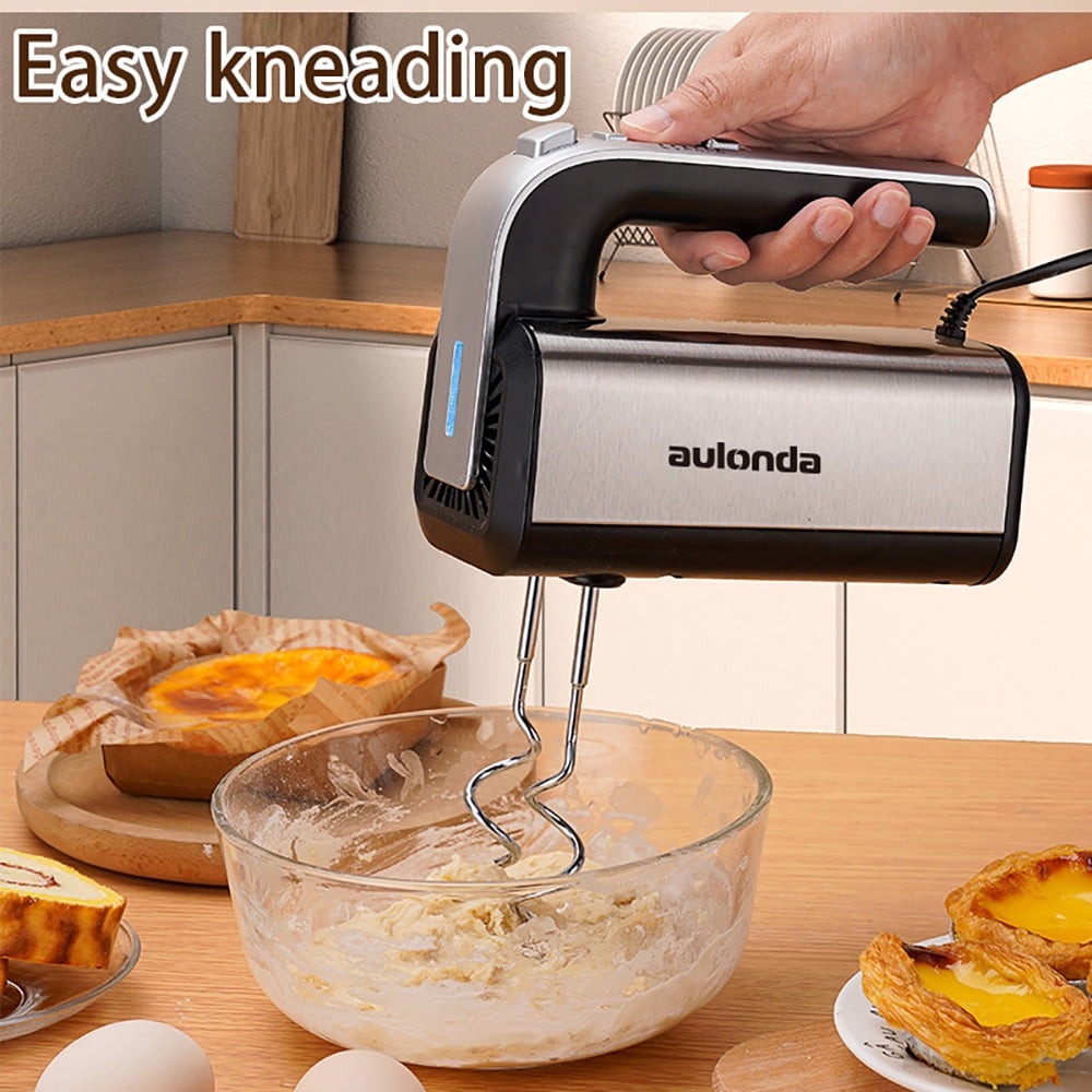 Aulonda 5 Speed Hand Mixer with Turbo Boost,Stainless Steel Kitchen Handheld Mixer Includes 6 Attachments,One-touch baking,Silver