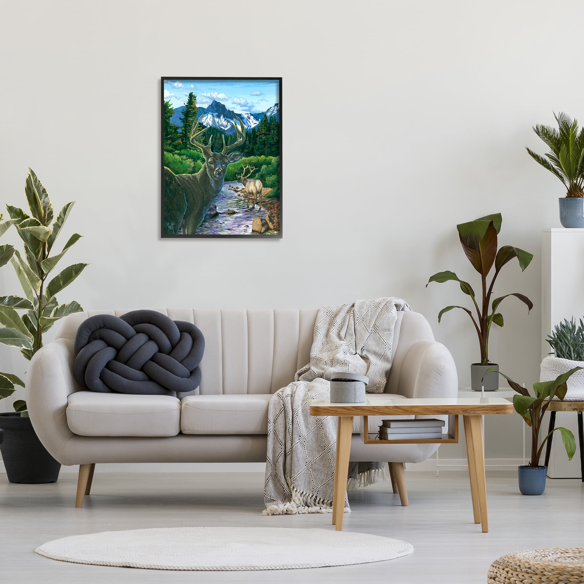 Stupell Industries Deer in Mountain Scenery Animals & Insects Painting Black Framed Art Print Wall Art, 24 x 30
