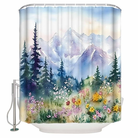Mountain Tree Shower Curtain, 60" x 72", Watercolor Flower Retro Scenery Waterproof Bathroom Curtain Washable Shower Curtain Set with 12 Hooks