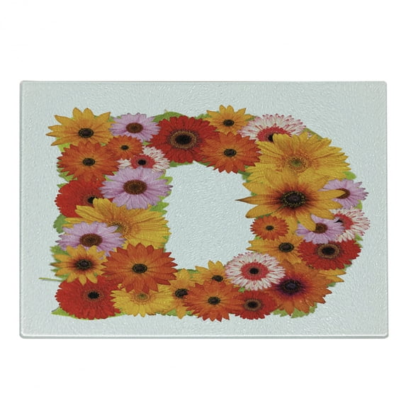 Letter D Cutting Board, Alphabet with Various Different Daisies Chamomiles Colorful Summer Petals, Decorative Tempered Glass Cutting and Serving Board, Small Size, Multicolor, by Ambesonne