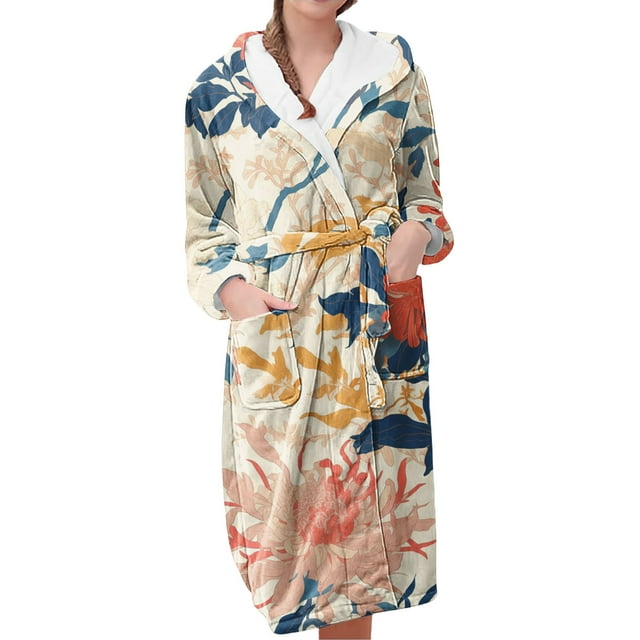 Jindong Robes en Peluche pour Femmes Robe en Polaire Longue Chaude Peignoir de Bain Veste de Détente Imprimée Robe de Confort Robes pour Femmes