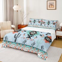 Homewish Blue Boho Aztec Full Size Sheets for Women, Tribal Abstract Ombre Bed Sheets, Hippie Cactus Plant Sheet Sets, Breathable Home Decor, 4-Piece