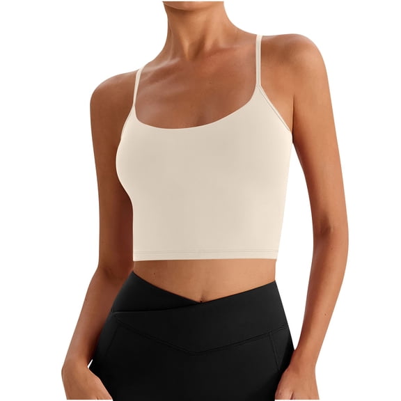 AHTJRT Women's Strappy Stretch Sports Bra Strappy Longline Yoga Tank Tops High Impact Workout Fitness Bralettes Breathable Camisole Crop Tops Beige S