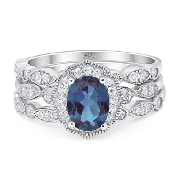 Three Piece Oval Lab Alexandrite Floral Weeding Ring 925 Sterling Silver Size 5
