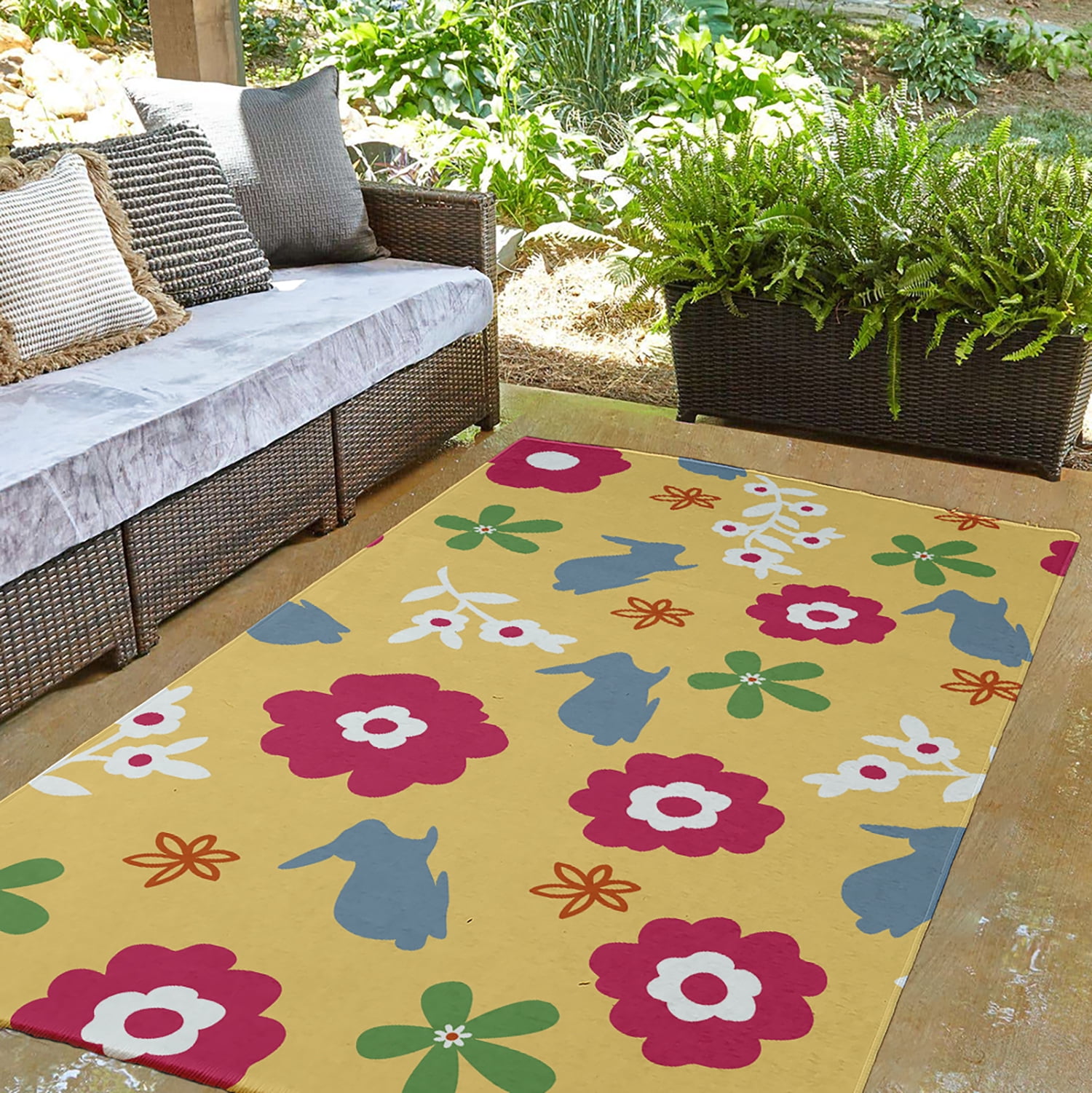 3' x 5' Simply Daisy Flowery Love with Bunnies Traditional Chenille Area Rug, Daffodil Yellow-Blue