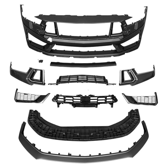 Ikon Motorsports Front Bumper Conversion Cover Compatible With 2024-2025 Ford Mustang Unpainted Dark Horse Handling Package PP Front Valance Panel W/ ABS Lower Upper Grilles Bumper Fascia Applique