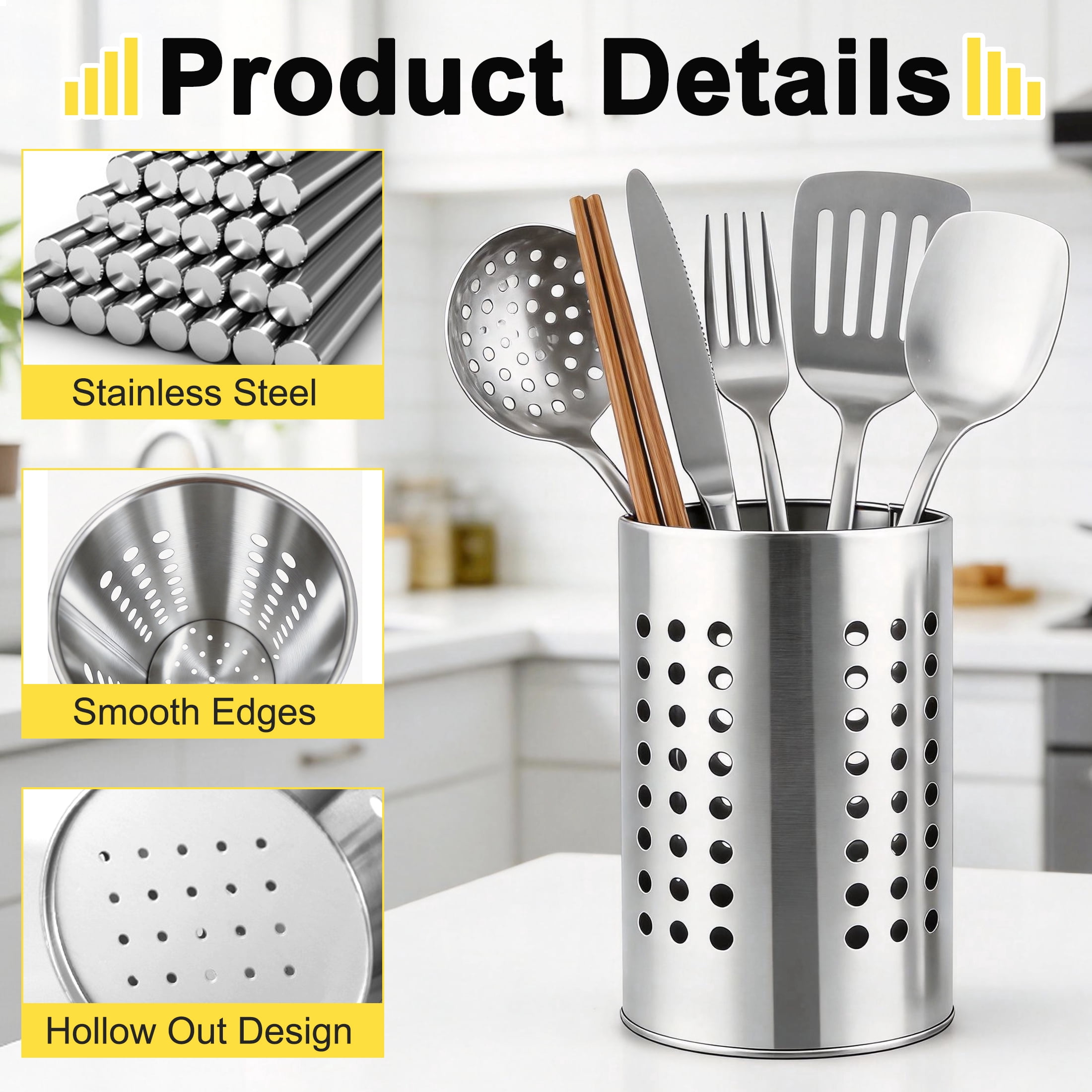 Cisilov 2 Pcs Cooking Utensil Holder, Stainless Steel Kitchen Utensil Holder, Utensil Organizers for Kitchen Countertop, Kitchen Home Office