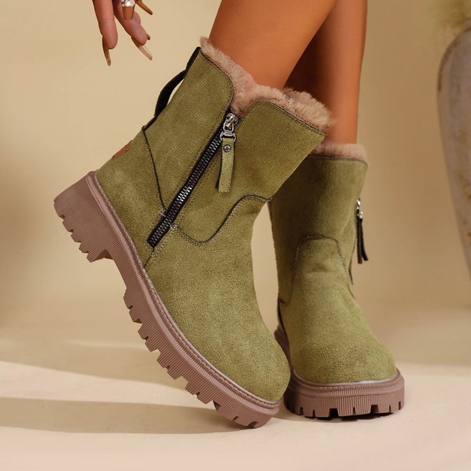Xfvqtps Thermal Winter Boots for Women Warm Furry Lined Mid Calf Boots Waterproof Snow Shoes Non Slip Sole Outdoor Hiking Booties Comfortable Green