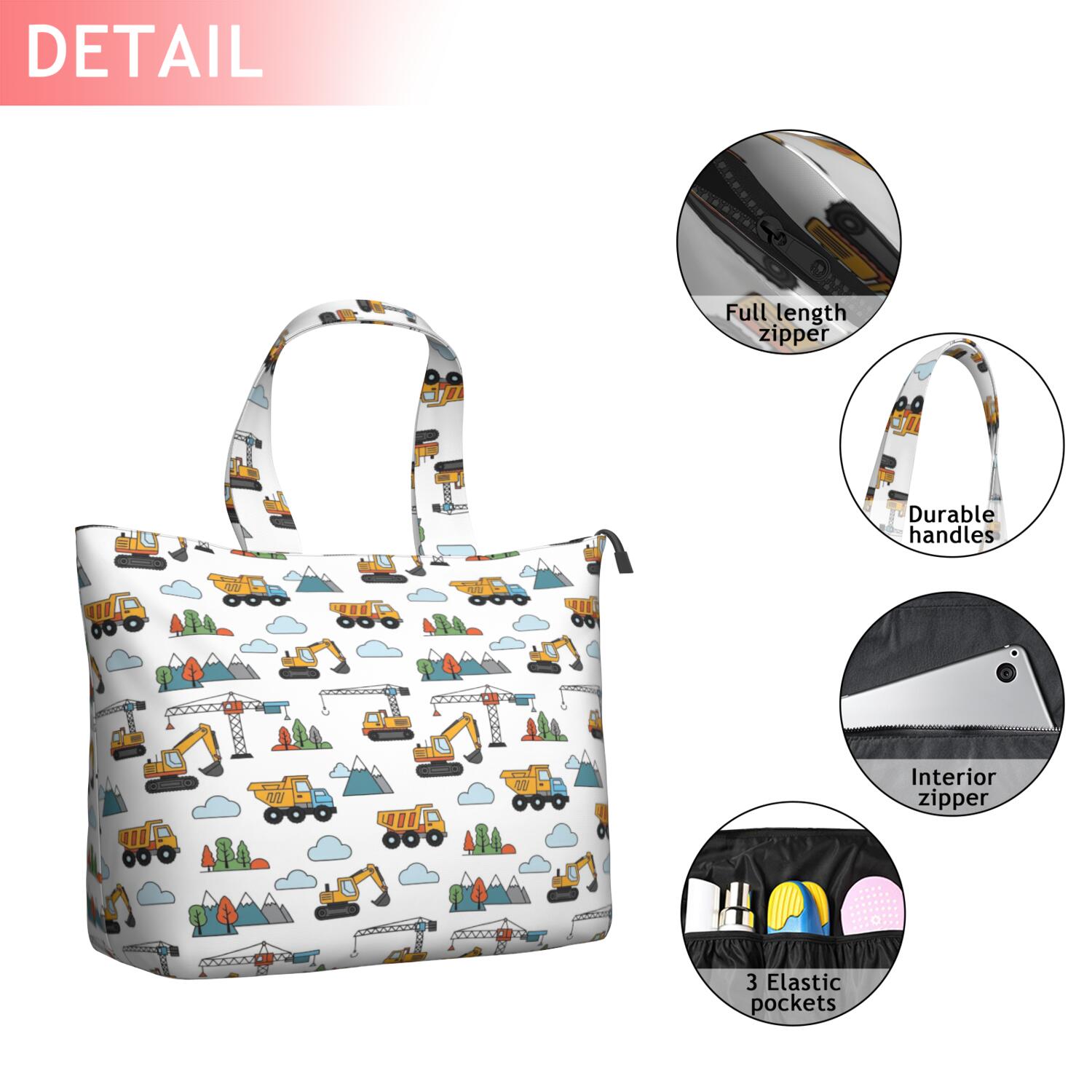 Cartoon Construction Vehicles Mountains Travel Tote Bags for Women Carry On,Large Weekender Bags for Women Travel,Multi Functional Duffle Bag for Work,Shopping,Sports