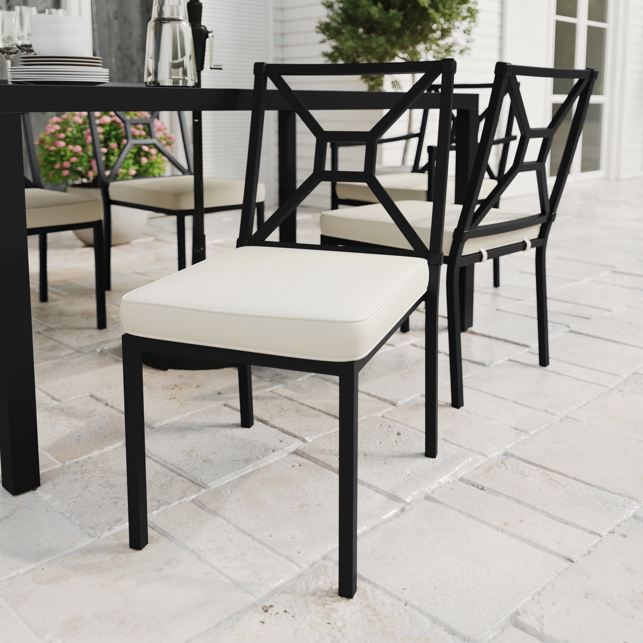 Martha Stewart Indoor-Outdoor Stackable Patio Side Dining Chair with Steel Frame in Black with Cream All-Weather Cushion