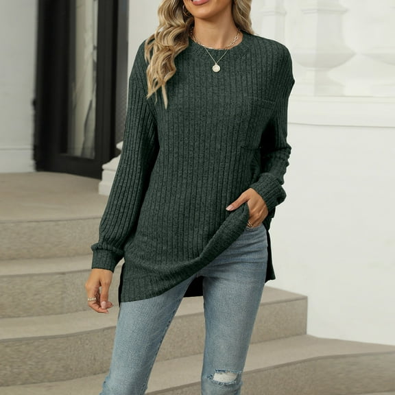 Winter Coats for Women Women's Fashionable Solid Color Round Neck Long Sleeved Button Loose T-shirt Top