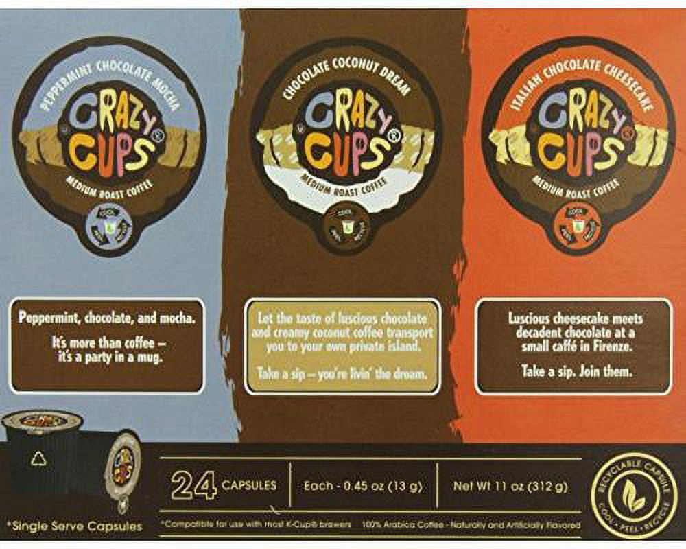 Crazy Cups Chocolate Lovers' Flavored Coffee Variety Single Serve Cups, 24 Ct
