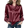 thumbnail image 3 of Zivyakyron Satin Women Blouse Tie Neck Fall Casual Long Sleeve Womens Tops Elegant Loose Plain Red L, 3 of 10