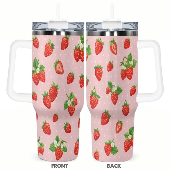 40oz Pink Strawberry Insulated Tumbler with Handle and Straw Cute Fruit Travel Coffee Cup Gift for Women