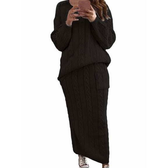 Women'S Winter Chunky Cable Knit Long Skirt 2 Piece Outfit Sweater Sets Black L