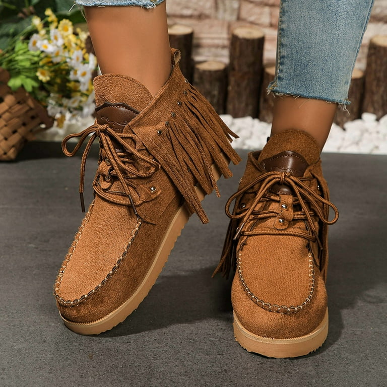 RUIYANQI Women's Denim Fringe Ankle Boots Lace Up Moccasin Booties
