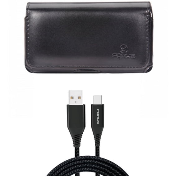 Swivel Leather Case Belt Clip w Charger Cord Type-C 10ft USB Cable M7Z for Acer Liquid Jade Primo - ASUS ROG Phone, ZenFone 4 Pro - Blackberry Motion - BLU Vivo XI Plus - Google Pixel 3 XL