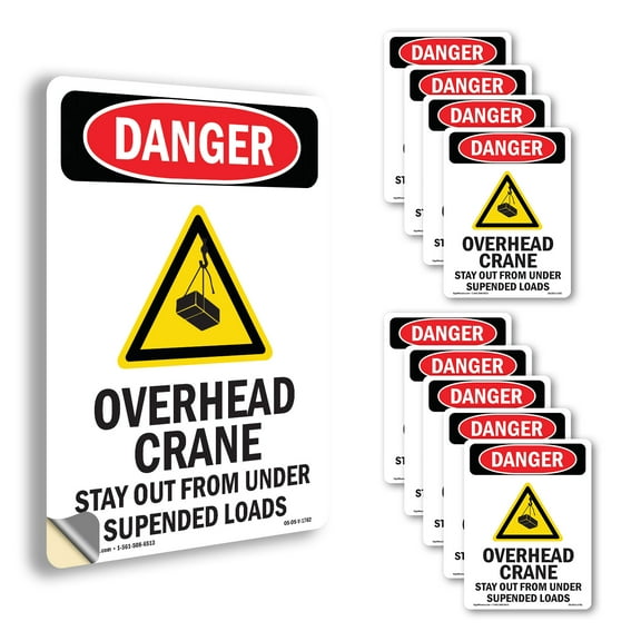 Overhead Crane Stay OSHA Danger Vinyl Decal Label 10 Inch x 7 Inch - 10 Pack