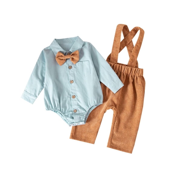 AINIYS 2Pcs Newborn Boy Fall Outfit Romper Dress Shirt with Bowtie   Suspender Pants Formal Suit Clothes Set Blue 0Months
