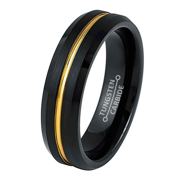 Jewelry Avalanche 2-Tone Black & Gold Tungsten Wedding Band, Grooved Center Trim, Comfort Fit 6MM