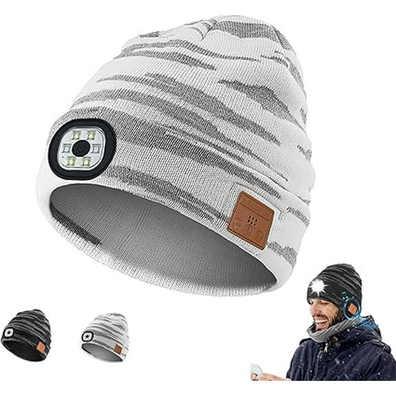 Bluetooth Beanie with a Light, Unisex USB Rechargeable 4 LED Fashlight Hat with Cordless Headphones, Unique Christmas Birthday Gifts for Men Him Husband Teen Camouflage Grey - White