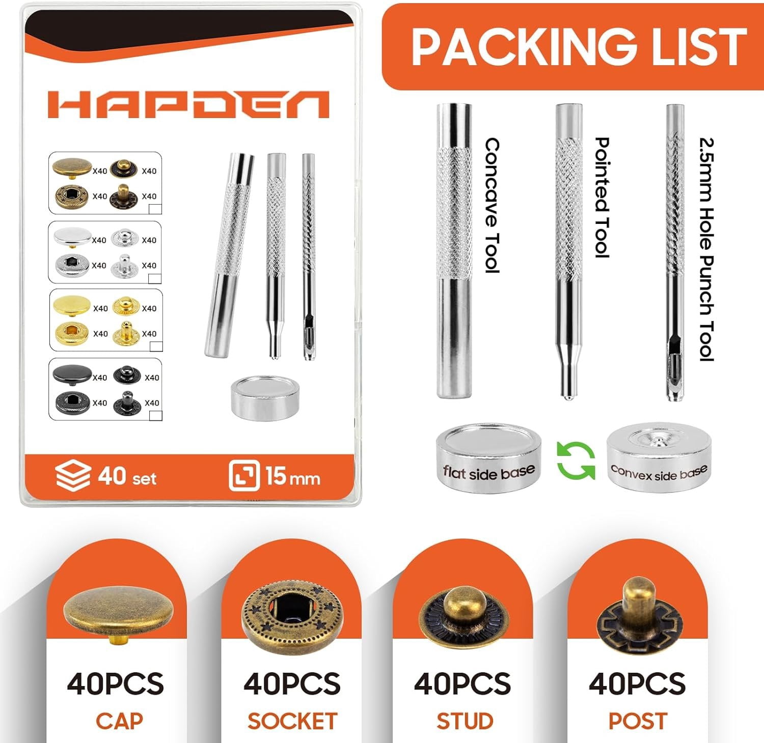 Leather Snaps and Fasteners Kit,15mm 40 Sets Metal Snap Buttons with Setter Tools, Sewing Snaps for Clothing,Fabric,Leather, Clothes, Jackets, Bags, DIY Crafting(Bronze)