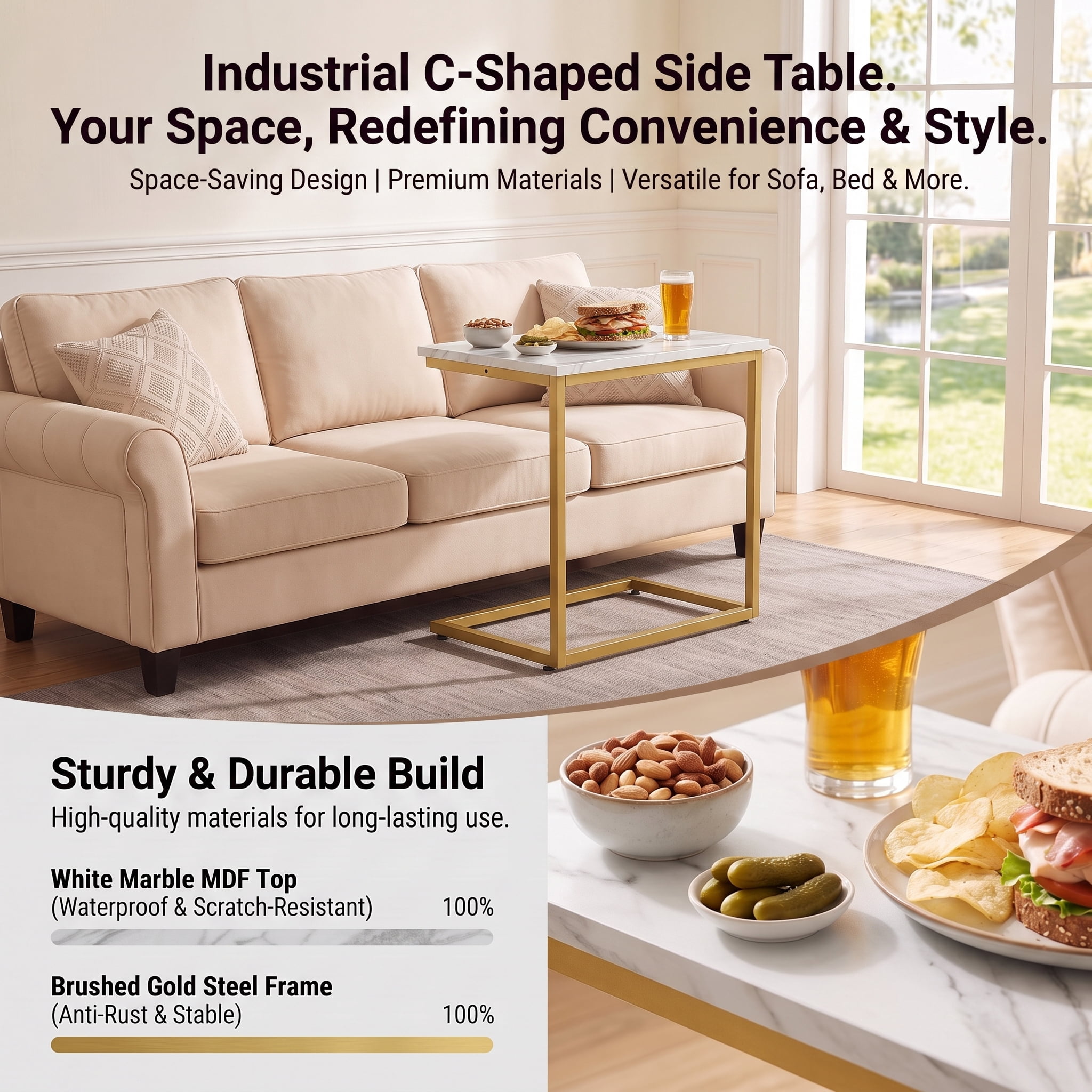 CHITOOMA C Shaped End Table, Adjustable Side Table, Marble Finish