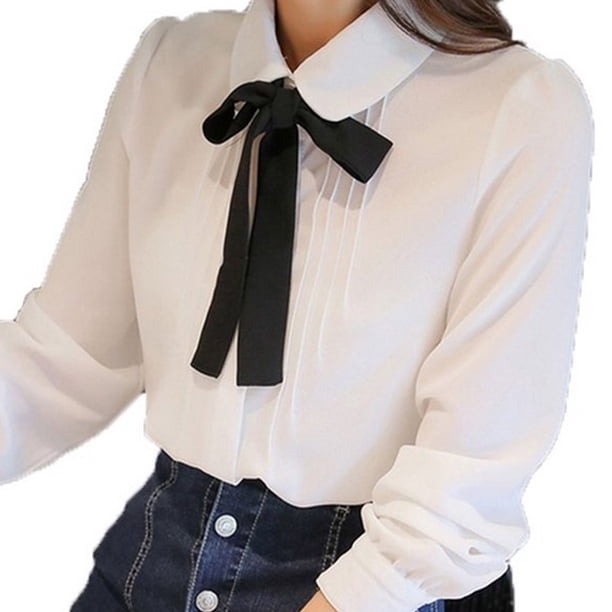 Camisas de gasa para mujer, blusas vintage de manga larga con lazo y cuello Peter Pan, camisa oficial preppy