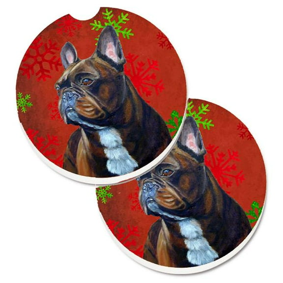 French Bulldog Red & Green Snowflakes Holiday Christmas Set of 2 Cup Holder Car Coaster