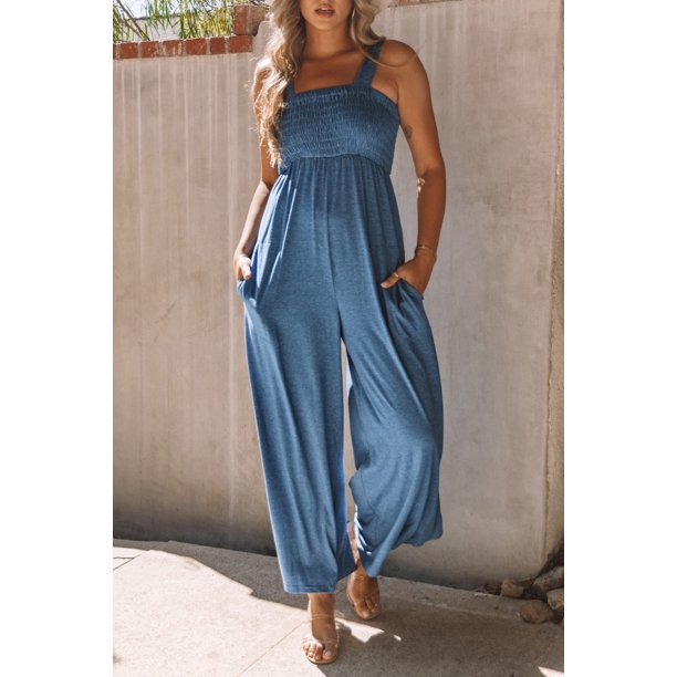 ABPHQTO Mono de tirantes anchos sueltos de cintura alta con fruncido azul para mujer