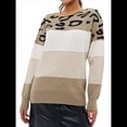thumbnail image 1 of Suéter de Rayas con Estampado de Leopardo para Mujer, Cuello Redondo, Larga, Tejido con Bloques de Color Caqui S, 1 of 3