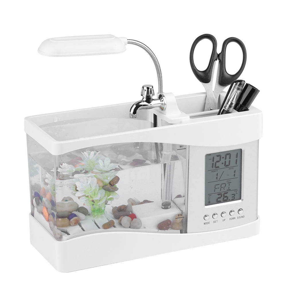 Multifunctional USB Rechargeable Mini Fish Tank Aquarium with Clock Function LED Light White