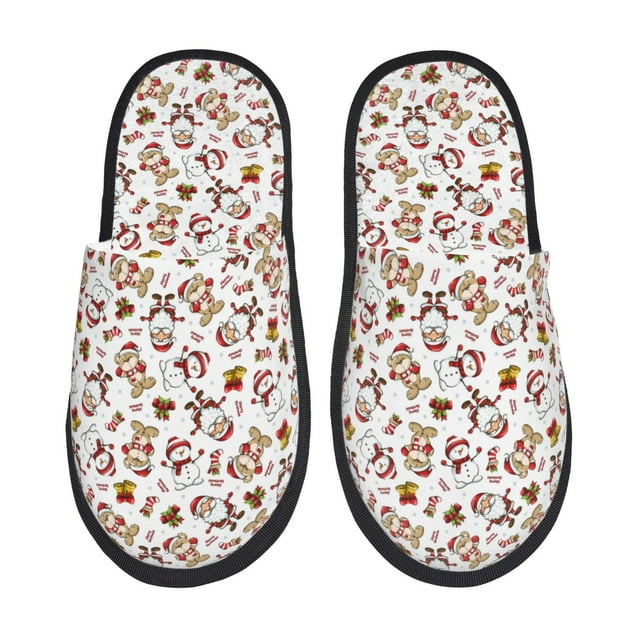 Fotbe Christmas Santa Cartoon Snowman Pantuflas Peludas para Mujer con Estampado, Zapatillas de Peluche, Zapatos de Invierno para Casa, Uso Interior y Exterior-Large