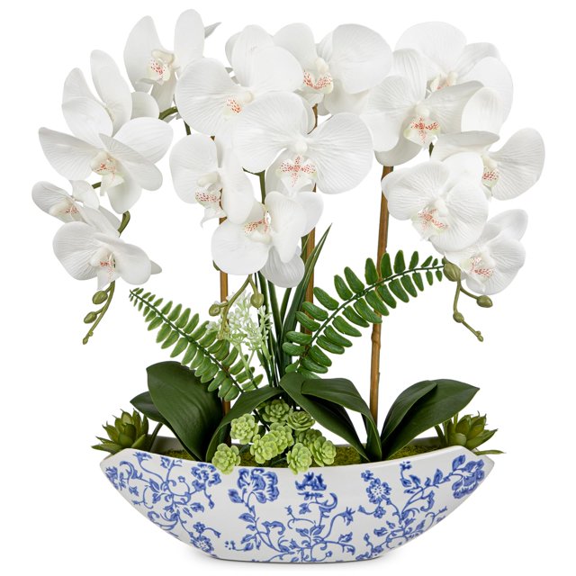 Jarrón de cerámica Briful con forma de orquídea artificial, 46 cm, blanco y azul