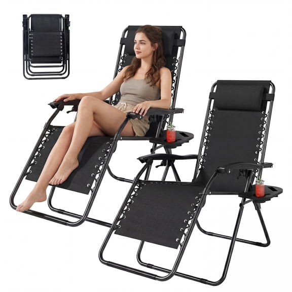 Oversized Zero Gravity Chairs Set, Folding Padded Recliner Anti Gravity Lounge Chair With Wide Seat And Removable Cup Holder, Heavy Duty Portable Armchair For Patio Deck Yard Outdoor Living, Grey Bla