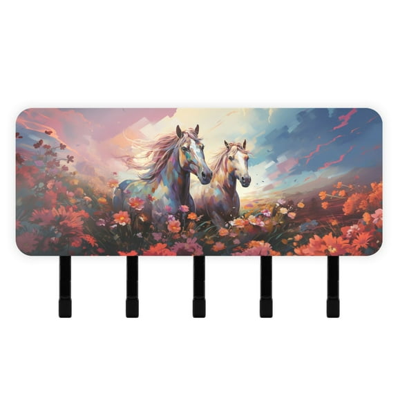 Horses Flowers Clouds Light Mail Holder Organizer Wall Mount with Shelf Key Holder Key Rack with 5 Key Hooks for Wall Decorative