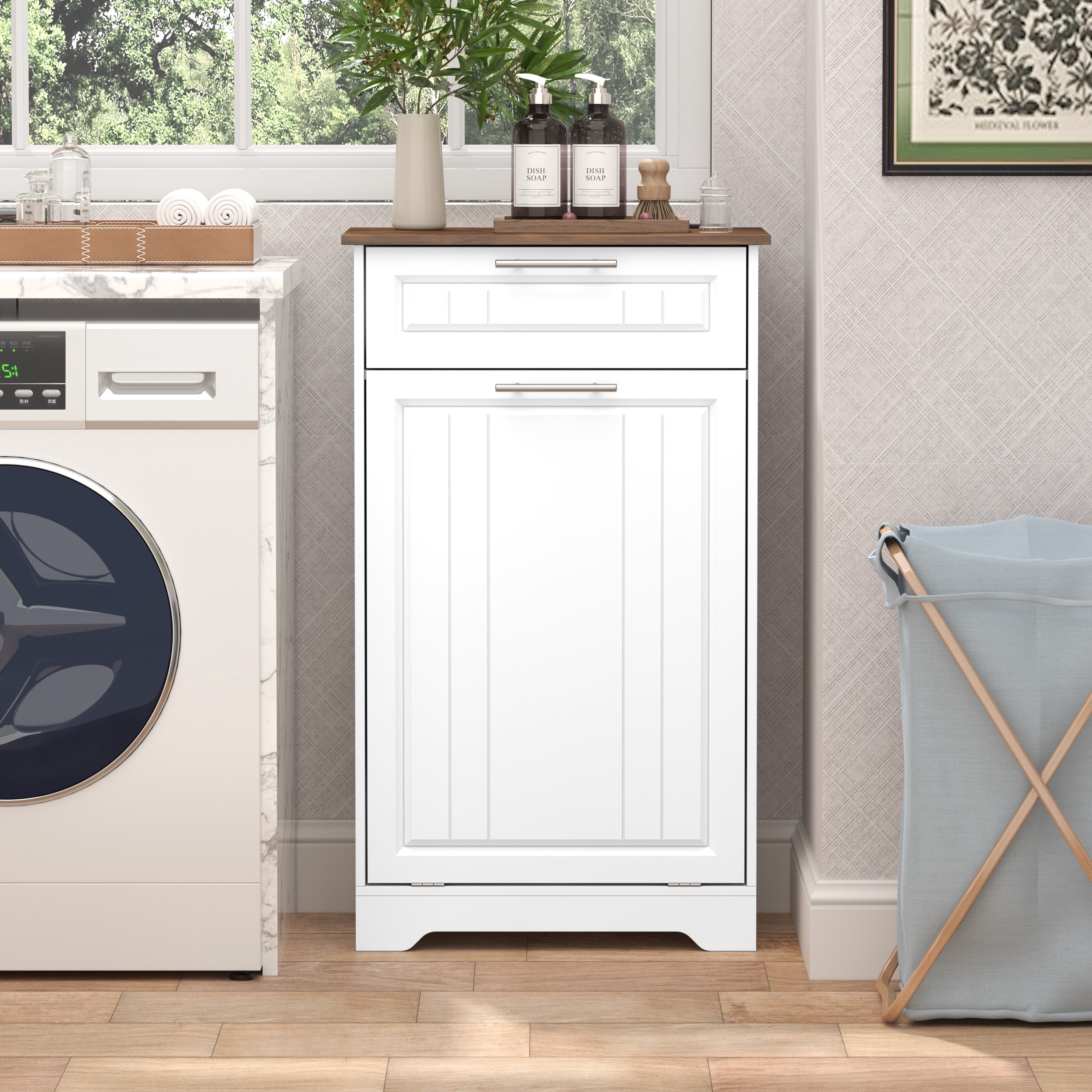 Single 10 Gallon Tilt Out Trash Can Cabinet with Deodorizing Function, Wooden Hidden Garbage Can Holder with Storage Drawers for Kitchen and Dining Room, Laundry Hamper Cabinet for Bathroom, White
