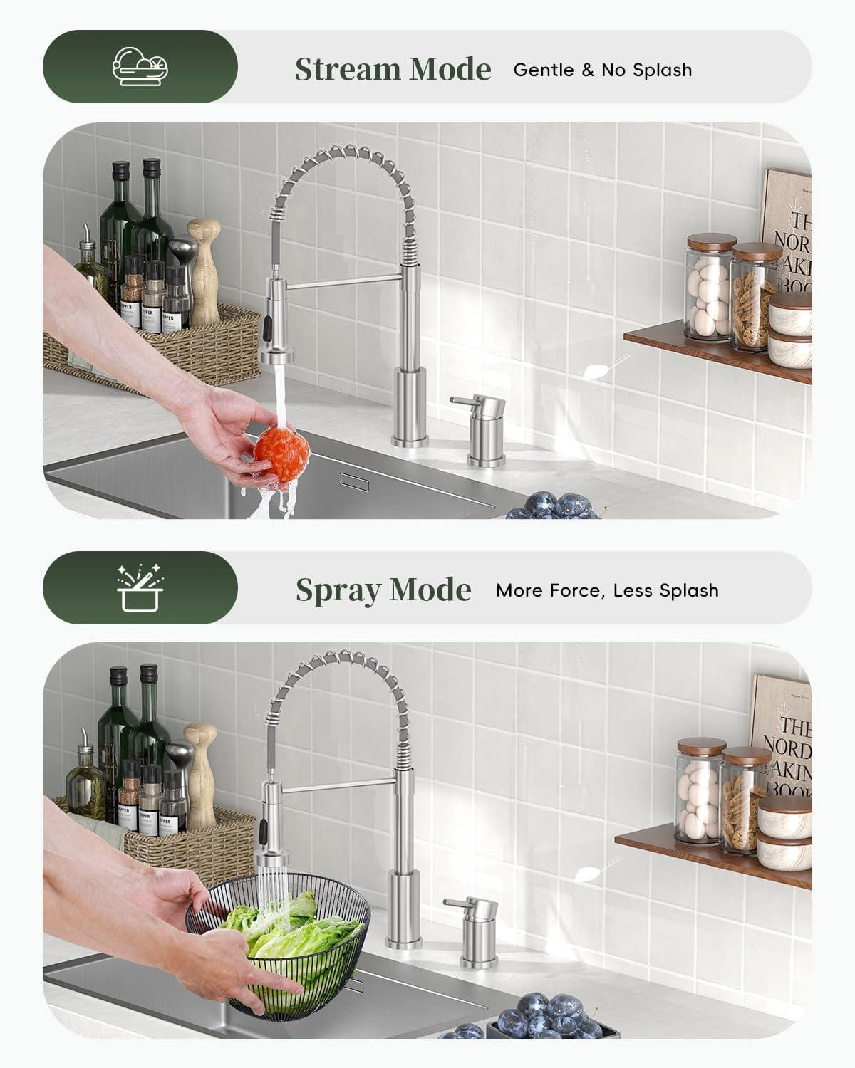 2 Hole Kitchen Faucet Brushed Nickel with Separate Handle, SUS304 Stainless Steel Two Holes Faucet for Kitchen Sink,