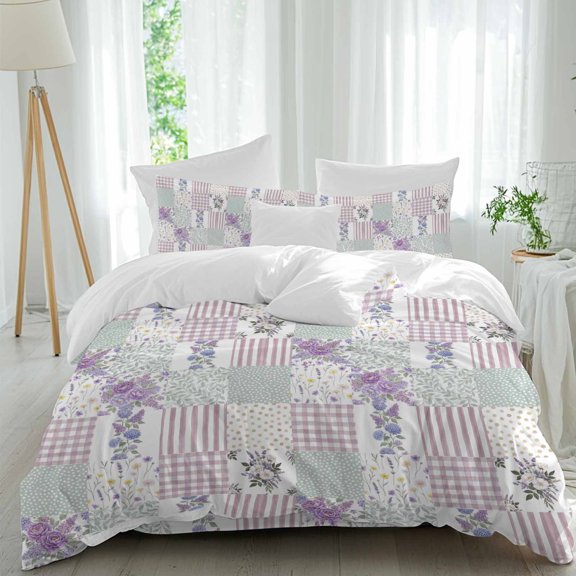 Patchwork 4 piece Duvet Cover Set, Comfort Bedding Set Queen Size Rustic Purple Roses Gingham Plaid Stripe Ditsy Dots Include a Duvet Cover, a Bed Sheet, 2 Pillowcase with Zipper for All Season