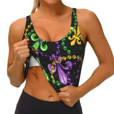 Qokaie Mardi Gras6 Pattern Womens Scoop Neck Sports Bra Breathable Workout Vest Padded U Back Medium Impact Fitness Gym Yoga Bra Workout Crop Top