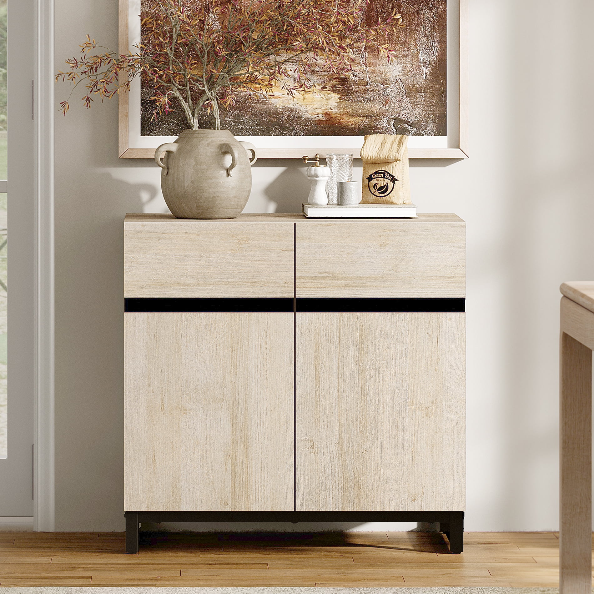 WAMPAT 31.5" Wide Multifunctional Sideboard Buffet with Adjustable Shelf & Metal Base, Modern Wood Grain Storage Cabinet for Dining Room, Living Room.